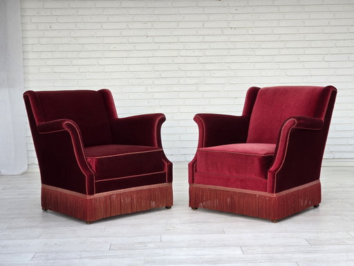 1960er Jahre Dänischer Sessel, kirschroter Möbelvelours, Eschenholz, Original