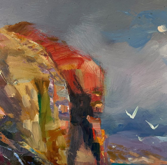 Image 1 of Original Oil Painting Evening Coastal Landscape Fishermen pull their nets into the sea