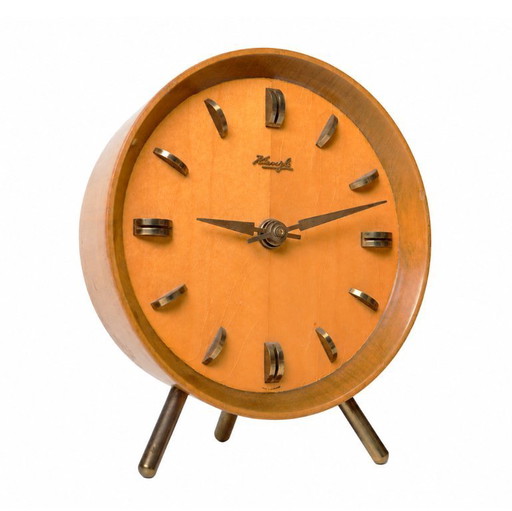 Mid Century Clock by Kienzle / Teak & Brass / Tripod Desk, Table or Shelf Clock / Germany, 1960's