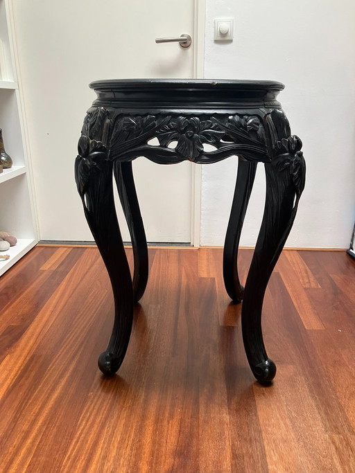 Probablement Table Iris Japonaise, Bois Noir Richement Sculpté – plantentafel, Wood