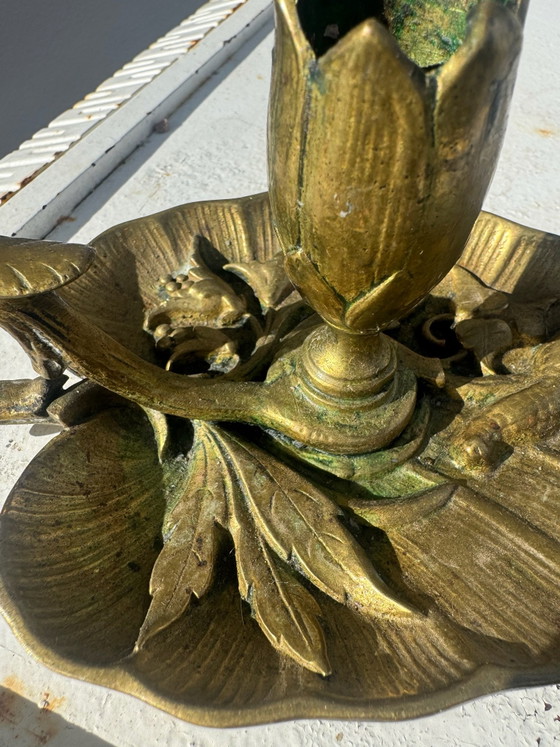 Bougeoir bronze feuille lotus Art Nouveau, Bougeoirs et chandeliers, Doré (photo 11 sur 15)