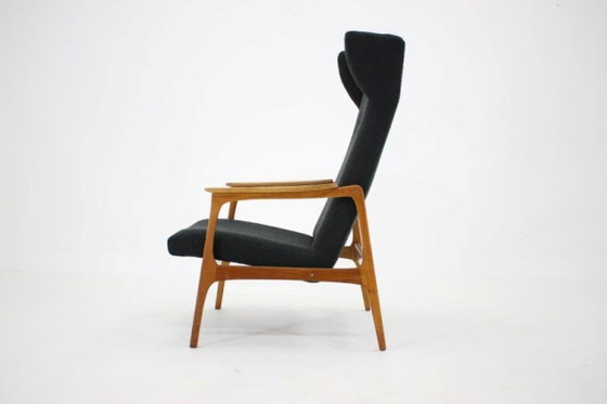Image 1 of 1960s Mid-Century Czechoslovakian Oak Wingback Armchair in Black Bouclé