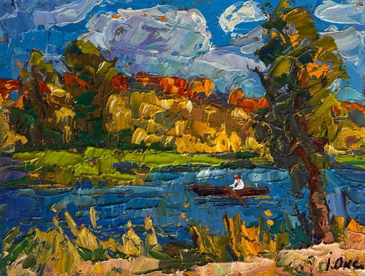Origineel olieverfschilderij: Herfstlandschap aan een rivier, vissen in de vroege herfst.