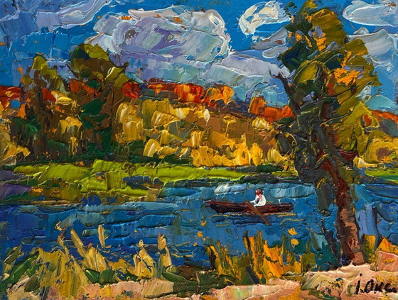 Image 1 of Original Oil Painting Autumn River Landscape Early autumn fishing