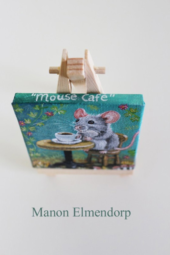 Image 1 of Unique Hand-Painted Little Mouse Cafe Painting, Signed