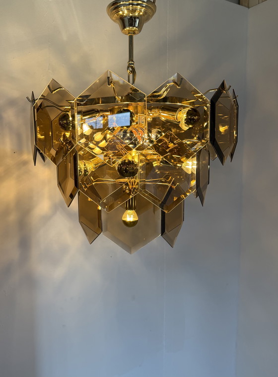 Image 1 of Vintage hexagon rookglazen kroonluchter, Italië ‘70