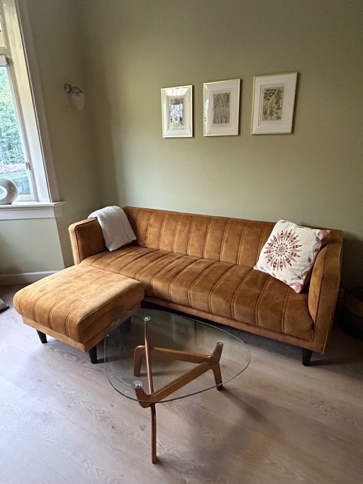 Canapé avec ottoman, velours marron/ocre