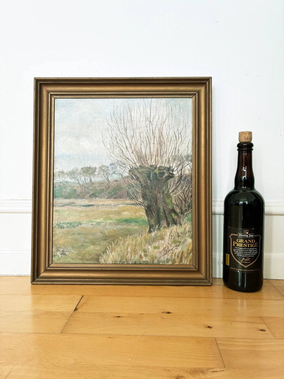 Image 1 of Peinture à l'huile originale ancienne représentant un paysage de campagne, signée.