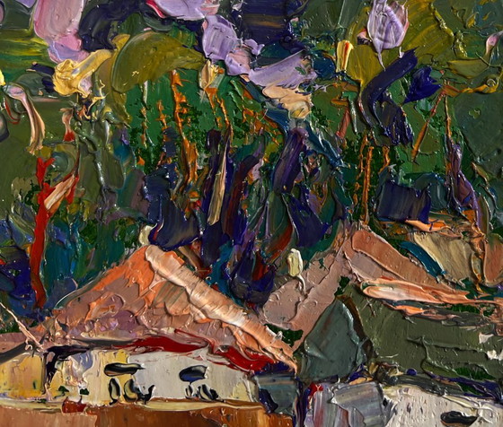 Image 1 of Originales Ölgemälde: Sommerhäuser, Landschaft am Dorfrand