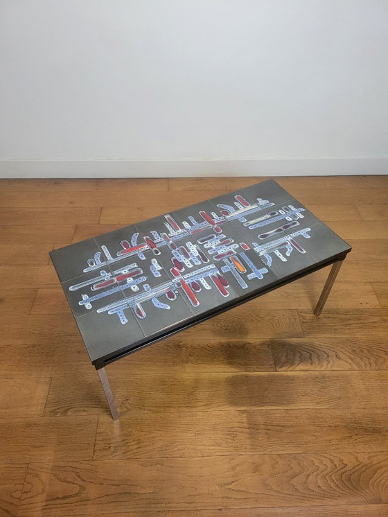 Image 1 of Table basse vintage avec plateau en céramique, signée Adri Belgium.