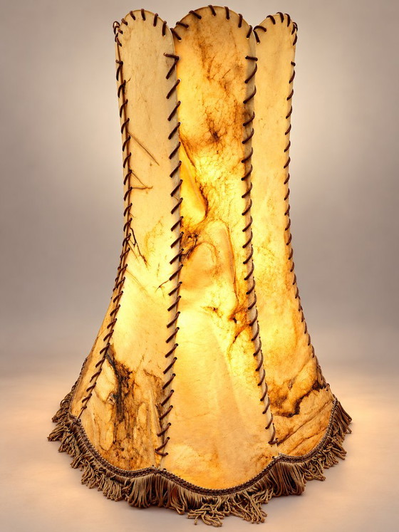 Pergament-Lampenschirm mit Fransen, Tischlampen, Leder, Stoff, Beige, Vintage (Foto 7 von 7)
