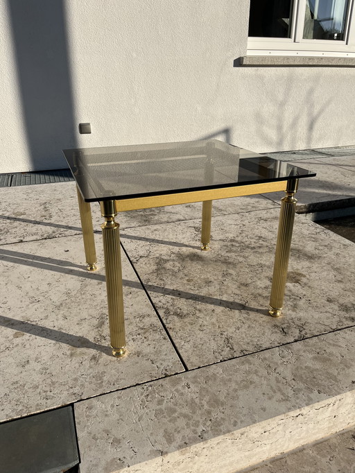 Vintage corner sofa table in brass with smoked glass top