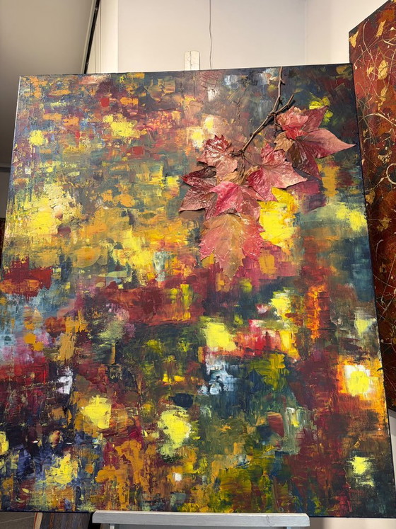 Pintura abstracta con hojas de otoño, Pinturas y dibujos, Lienzo, Otro, Amarillo (foto 5 de 5)