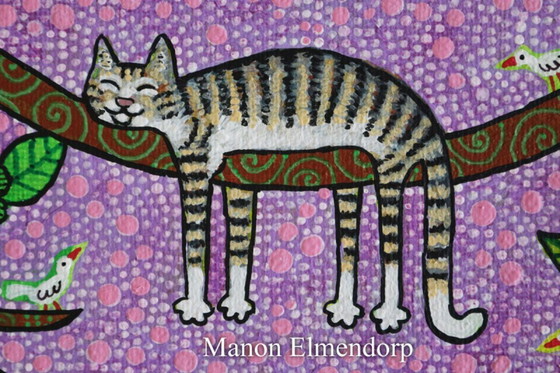 Image 1 of Hand-painted Painting Cat & Birds New 20x20 cm