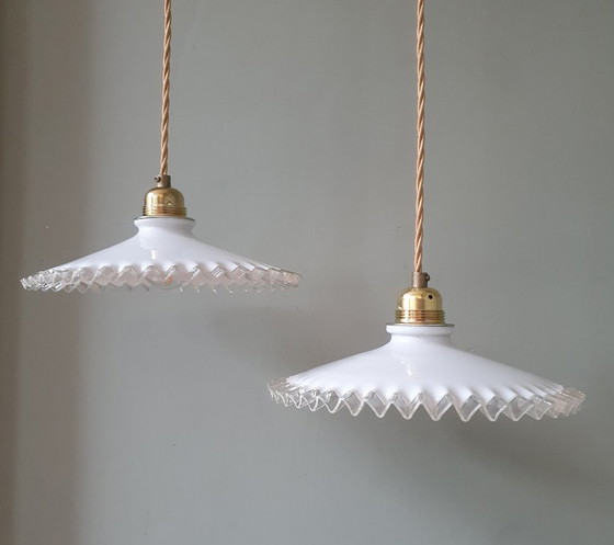 Set Vintage Pendant lamps Opaline glass - Transparent Decorative Edge – Metal (photo 7 of 24)