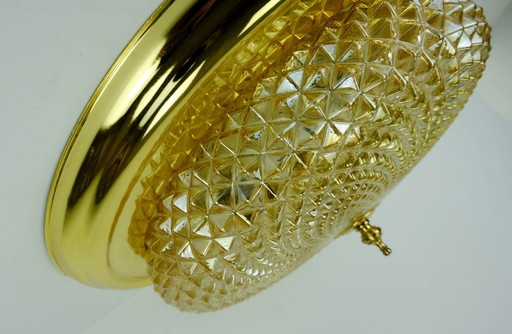 mid century ceiling LAMP flush mount textured amber glass and brass 1970s