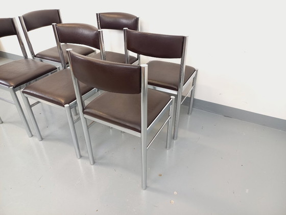 Image 1 of Set di 6 sedie vintage anni '70 in metallo cromato e similpelle marrone