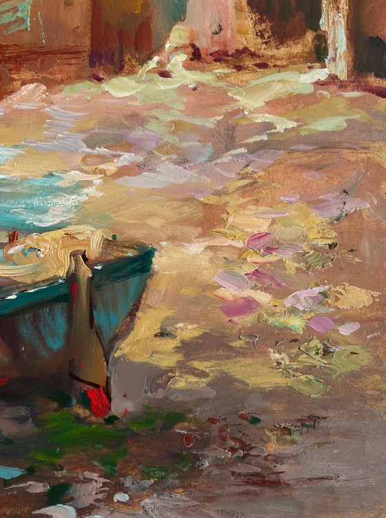 Image 1 of Original Oil Painting Summer City Landscape A quiet pier near the city