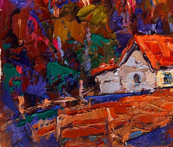 Image 1 of Original Oil Painting Autumn Village Landscape Autumn night in the village