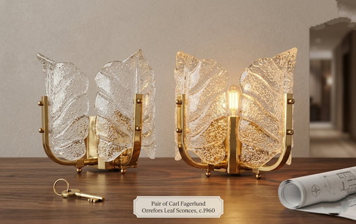 Carl Fagerlund for Orrefors Rare Pair of "Leaves" Art Glass Wall Lights - Sweden 1960s-1970s