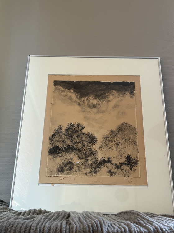 Image 1 of Vintage ink drawing on handmade paper signed h72cm