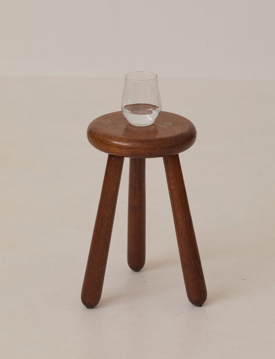 Image 1 of Vintage French tripod stool, brutalist style, made of solid wood, circa 1960