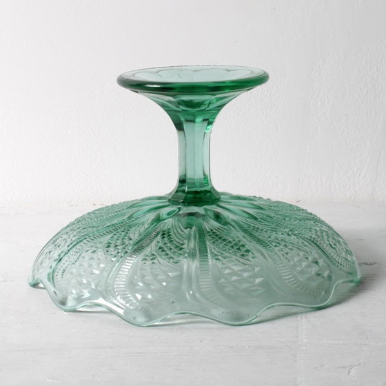 Image 1 of Mid-Century Pressed Glass Pedestal Bowl / Vintage Georgia Green Fruit Bowl / Ukraine / 1950s