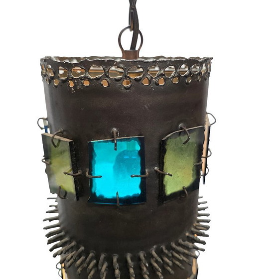 Image 1 of Lampada a sospensione brutalista francese con vetro colorato, anni '70