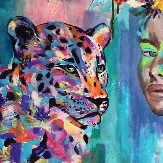 Image 1 of Origineel mixed media schilderij op canvas 80x80 – “Feiticeira” (gesigneerd) – vrouw & panter in kleur