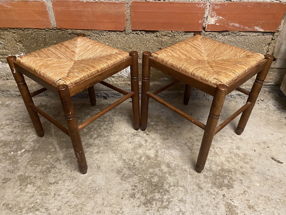 Image 1 of Paire Tabouret Ancien Bois + Assise Paille Tressée Vintage #D398