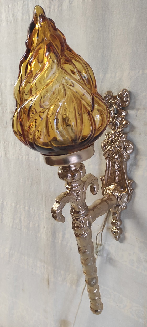 Image 1 of Torch-style wall sconces in gilded cast aluminum and glass - mid-20th century