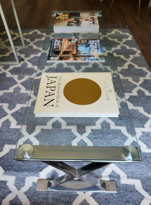 Designer Coffee Table Tempered Glass with Stainless Steel Cross Frame. – Topform, salontafels, Metal