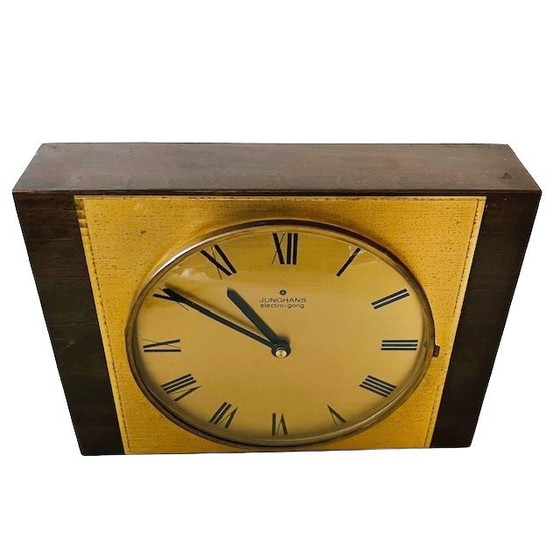 Image 1 of Orologio da parete vintage modernista Junghans Electro Gong, orologio da tavolo in legno e ottone, anni '60