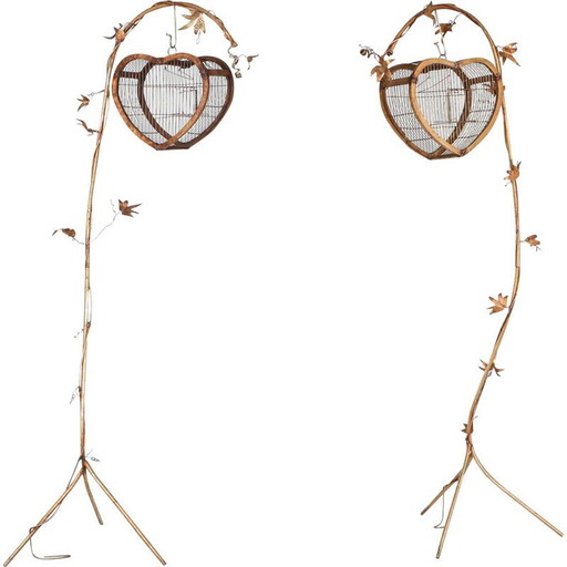 Pair of vintage birdcages in gilded metal, Belgium 1970