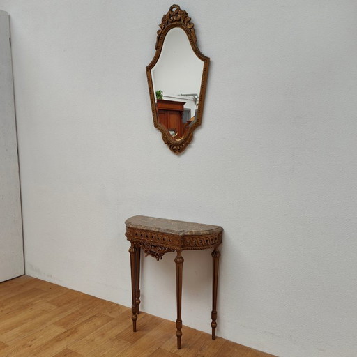 Console murale, table d'appoint, plateau en marbre et miroir