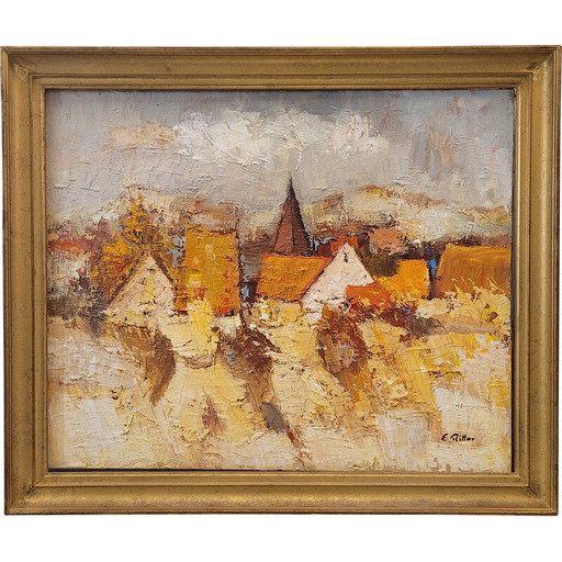 Óleo sobre lienzo vintage "Village alsacien" de E. Ritter, Francia