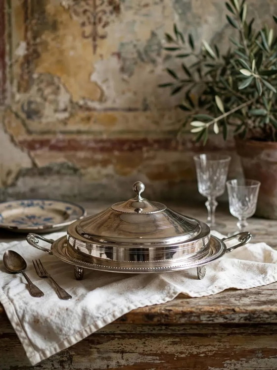Rare vintage oriental covered silver-plated serving dish, mid-20th century., Table accessories, Metal (photo 2 of 14)