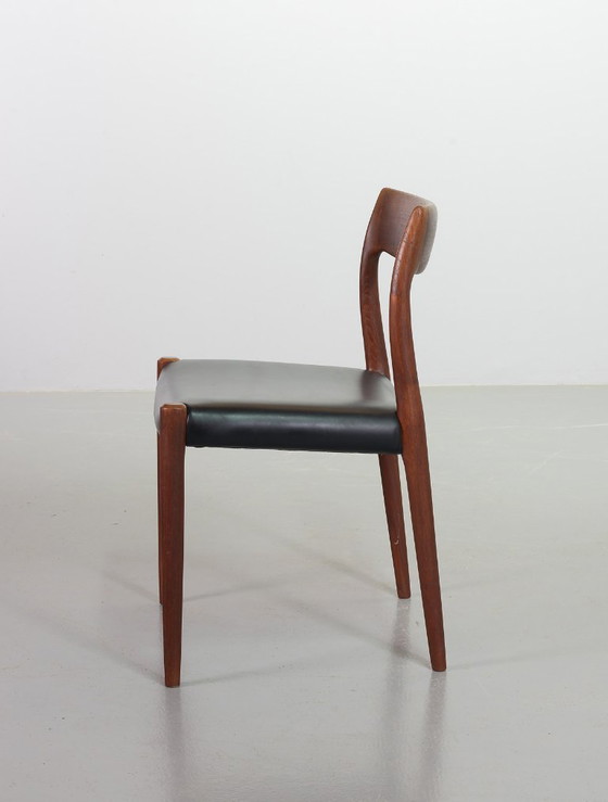 Image 1 of Mid-Century Scandinavian Niels Otto Moller Teak Wooden Dining Chairs with Black Leather Upholstery, Model 77. Set of 4.