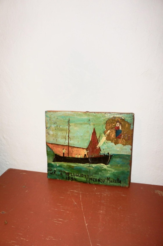 Image 1 of antique italian ex voto painting * 1894 folk art maritime devotional panel * naïve madonna boat scene * wood plaque