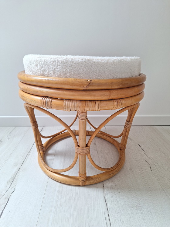 Image 1 of Rattan And Bouclette Fabric Pouf