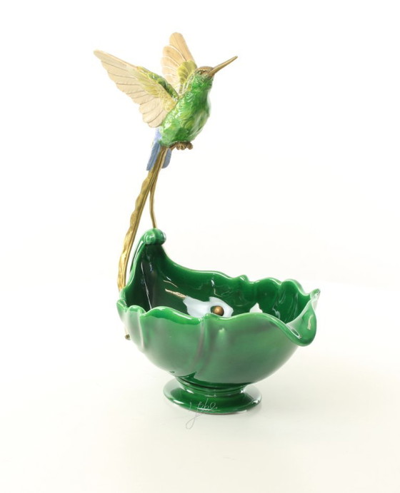 Image 1 of HUMMINGBIRD PLANTER JASMINE PORCELAIN + BRONZE ORMOLU BIRD BOWL SCULPTURE