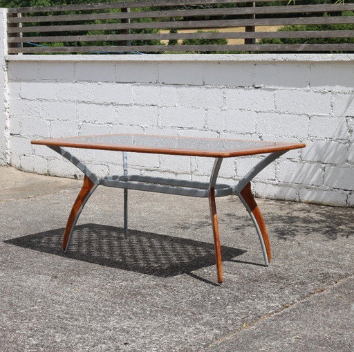 Italian Glass-Wood and Metal Dining Table - Italian Design Dinner Table - 80s