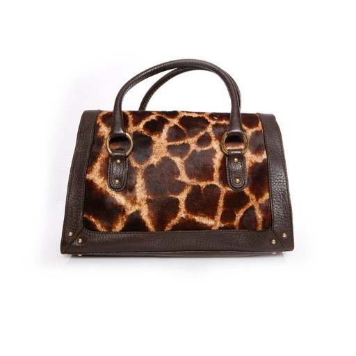 Dolce & Gabbana, Borsa a mano in pelle marrone con stampa giraffa in pelo di vitello.