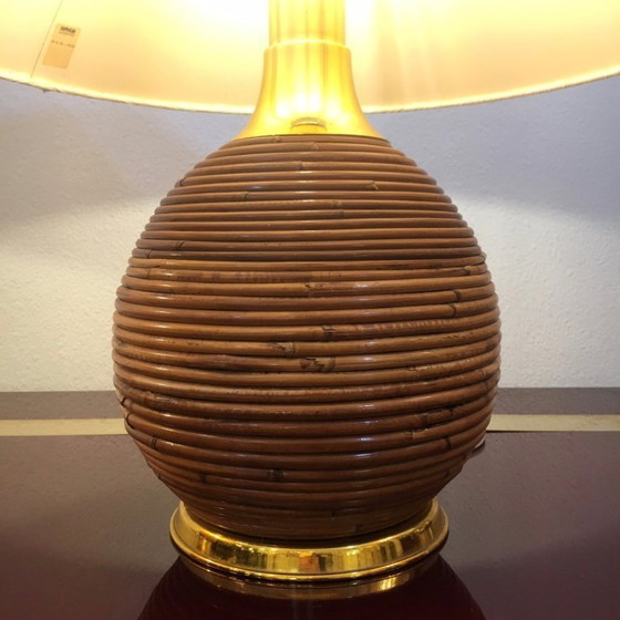 Image 1 of 2x Brass & Rattan Table Lamps in the manner of Vivai del sud 1970s