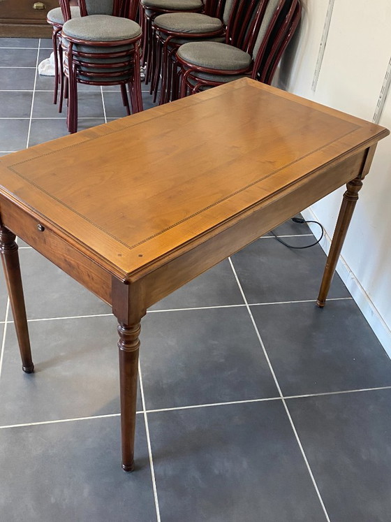 Image 1 of Bureau ancien merisier et marqueterie 2 tiroirs et 2 tablettes 112x60 h76cm