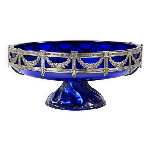 Antique cobalt glass and silver-plated metal bowl, Louis XVI style, circa .