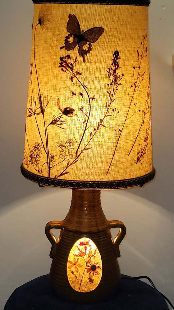 Image 1 of Lampe Accolay en Céramique et Abat Jour Herbier, France 1970
