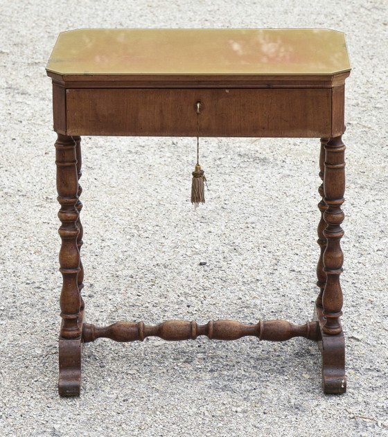 Late 19th Century Italian Occasional Table with Turned Base, Drawer, and Glass Top, Coffee tables, Wood, Brown (photo 3 of 8)