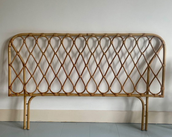 Image 1 of Ensemble de chambre à coucher vintage en rotin – Tête de lit et deux tables de chevet – Années 1970