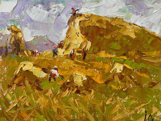 Image 1 of Original Oil Painting Summer Day Landscape Work in the field
